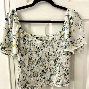 Abercrombie & Fitch Blue and Green Smocked Puff Sleeve Crop Top